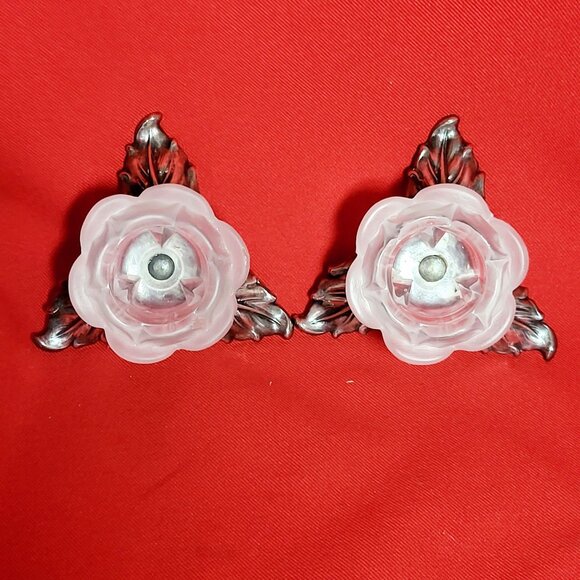 Vintage Pair PM Italy Frosted Glass Rose Silver Plate Leaves Candle Holder - Picture 5 of 13